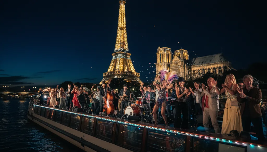 Une scène nocturne animée sur la Seine met en scène un bateau de croisière où se pressent des passagers élégamment vêtus, profitant des divertissements. Au premier plan, le bateau est orné de lumières LED colorées se reflétant sur l'eau. Au second plan, des artistes interagissent avec les passagers, tandis que de la musique et des danses incarnent l'élégance parisienne. À l'arrière-plan, des monuments emblématiques comme la Tour Eiffel et Notre-Dame illuminent l'horizon nocturne, créant une atmosphère romantique. Un éclairage cinématographique sublime l'ambiance, instaurant une atmosphère magique. Filmée en contre-plongée pour capturer l'effervescence de la foule, avec des textures d'une grande précision et une résolution 8K, la vidéo évoque la joie et la fête au cœur de Paris. Une scène nocturne animée sur la Seine met en scène un bateau de croisière où se pressent des passagers élégamment vêtus, profitant des divertissements. Au premier plan, le bateau est orné de lumières LED colorées se reflétant sur l'eau. Au second plan, des artistes interagissent avec les passagers, tandis que de la musique et des danses incarnent l'élégance parisienne. À l'arrière-plan, des monuments emblématiques comme la Tour Eiffel et Notre-Dame illuminent l'horizon nocturne, créant une atmosphère romantique. Un éclairage cinématographique sublime l'ambiance, instaurant une atmosphère magique. Filmée en contre-plongée pour capturer l'effervescence de la foule, avec des textures d'une grande précision et une résolution 8K, la vidéo évoque la joie et la fête au cœur de Paris.