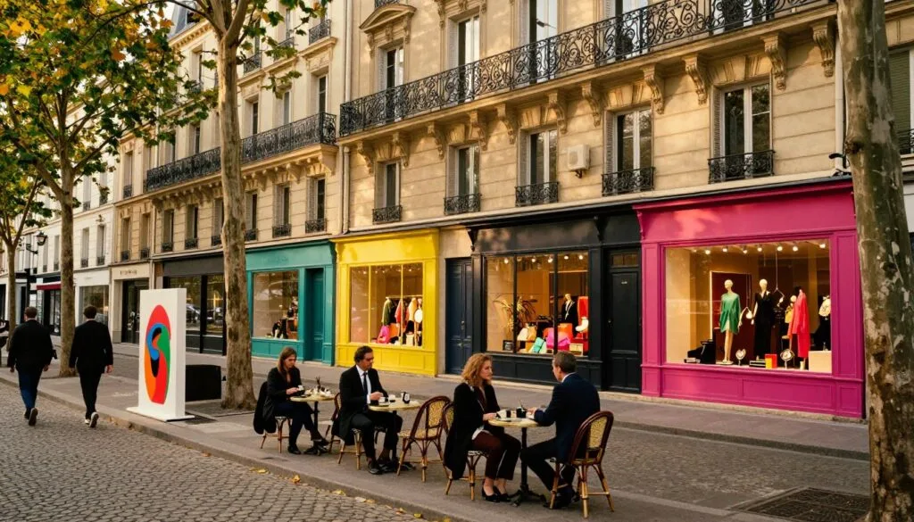Une scène parisienne chic et animée à l'heure dorée, mettant en valeur les cafés branchés et les boutiques élégantes qui bordent les rues pavées. Au premier plan, quelques Parisiens élégamment vêtus discutent autour d'un café en terrasse, tandis que des installations d'art moderne apportent une touche contemporaine. Au second plan, des devantures colorées aux vitrines attrayantes regorgent d'articles de mode. À l'arrière-plan, l'architecture parisienne emblématique, avec ses balcons en fer forgé et ses arbres majestueux, complète le décor. L'atmosphère est à la fois vivante et détendue, incarnant l'essence même du Paris moderne. L'image est capturée dans un style brut et cinématographique, avec des textures très détaillées et une lumière douce et chaleureuse, soulignant le charme et l'attrait du quartier. Résolution 8K pour une netteté exceptionnelle.