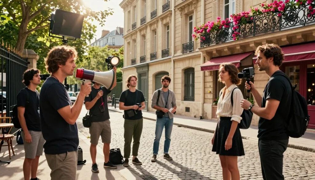 Una vibrante escena entre bastidores de "Emily en París", que captura la esencia de rodar en una elegante locación parisina. En primer plano, un director con un atuendo informal elegante sostiene un megáfono, mientras una actriz, vestida con un elegante atuendo de trabajo, se prepara para su escena. En segundo plano, el equipo de rodaje ajusta las luces y las cámaras, mostrando equipo profesional, todo ello en medio de la encantadora arquitectura parisina. El fondo revela calles clásicas adoquinadas y hermosos balcones de hierro forjado adornados con buganvillas. La luz natural se filtra entre los árboles, creando una atmósfera cálida y acogedora, con suaves destellos que le aportan un toque cinematográfico. La composición debe resaltar las ricas texturas y colores, ofreciendo una visión del apasionante mundo de la producción televisiva en el corazón de París. Captúralo con un estilo fotográfico crudo, con texturas muy detalladas y una resolución de 8k.