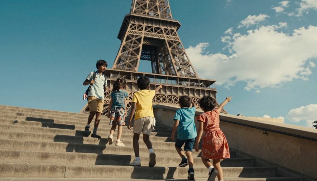 A vibrant, cinematic scene depicting a family climbing the Eiffel Tower stairs. In the foreground, children of diverse backgrounds, dressed in colorful, modest casual clothing, are joyfully ascending the winding staircase, with one child pointing excitedly at the view. The middle ground features a parent encouraging the kids, capturing their excitement. The background showcases the iconic Eiffel Tower, framed by a clear blue sky and soft white clouds. Warm sunlight illuminates the scene, casting gentle shadows and highlighting the intricate iron patterns of the tower. The image is highly detailed, reflecting the joy of family exploration, in stunning 8k resolution.