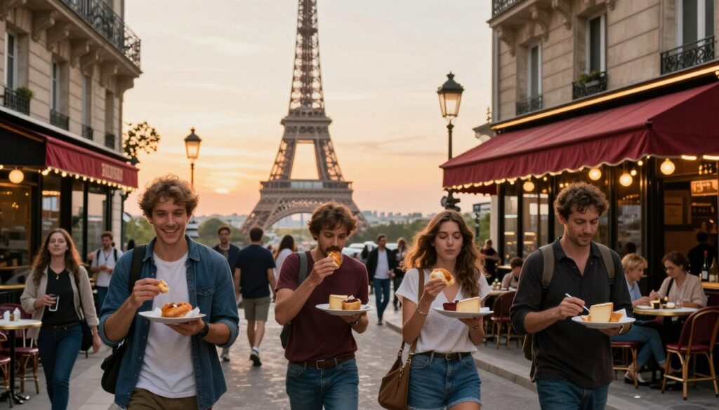 A vibrant culinary walking tour scene in Paris, showcasing a diverse group of people in modest casual clothing enjoying food from street vendors and quaint cafés. In the foreground, a cheerful couple is sharing a delicious pastry, while a small group of friends samples gourmet cheese and wine. The middle ground features iconic Parisian landmarks such as the Eiffel Tower and charming streets lined with colorful awnings, bustling with locals and tourists. The background reveals soft, warm sunset lighting that adds a golden hue to the scene, creating a cozy atmosphere. The image captures detailed textures of the food, buildings, and the joyful expressions of the participants, all rendered in 8k resolution with cinematic lighting, emphasizing the spirit of culinary exploration in the heart of Paris.
