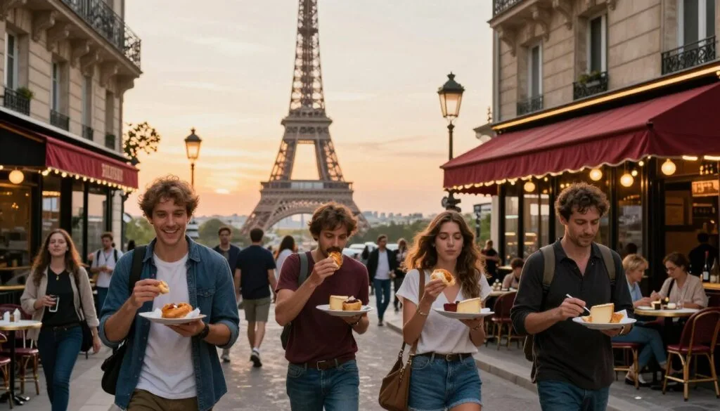 Živá scéna z kulinárskej pešej prehliadky Paríža, ktorá predstavuje rozmanitú skupinu ľudí v decentnom ležérnom oblečení, ako si vychutnávajú jedlo od pouličných predavačov a v malebných kaviarňach. V popredí veselý pár pochutnáva na lahodnom pečive, zatiaľ čo malá skupinka priateľov ochutnáva gurmánske syry a víno. V strede záberu sa nachádzajú ikonické parížske pamiatky, ako je Eiffelova veža a očarujúce ulice lemované farebnými markízami, ktoré sú plné miestnych obyvateľov a turistov. Pozadie odhaľuje jemné, teplé svetlo západu slnka, ktoré dodáva scéne zlatý odtieň a vytvára útulnú atmosféru. Obrázok zachytáva detailné textúry jedla, budov a radostné výrazy účastníkov, to všetko v rozlíšení 8k s filmovým osvetlením, ktoré zdôrazňuje ducha kulinárskeho objavovania v srdci Paríža.