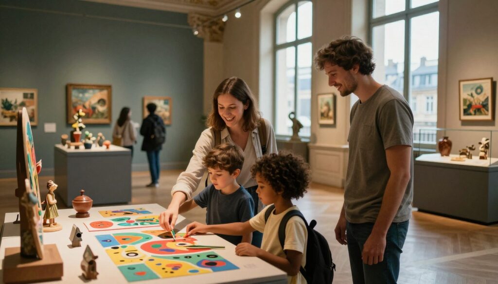 A vibrant family-friendly Paris museum scene, showcasing children and adults exploring interactive exhibits. In the foreground, a diverse family of four composed of parents and two children, all dressed in modest casual clothing, eagerly examining a colorful, hands-on art installation. In the middle ground, detailed museum displays filled with fascinating artifacts and artworks, illuminated by soft, warm cinematic lighting that creates an inviting atmosphere. In the background, the grand architecture of a Paris museum can be seen, with large windows letting in natural light, providing a glimpse of the Parisian skyline. The image should capture a joyful mood, highlighting the fun of learning and discovery in an urban indoor setting, presented in stunning 8k resolution with highly detailed textures. A vibrant family-friendly Paris museum scene, showcasing children and adults exploring interactive exhibits. In the foreground, a diverse family of four composed of parents and two children, all dressed in modest casual clothing, eagerly examining a colorful, hands-on art installation. In the middle ground, detailed museum displays filled with fascinating artifacts and artworks, illuminated by soft, warm cinematic lighting that creates an inviting atmosphere. In the background, the grand architecture of a Paris museum can be seen, with large windows letting in natural light, providing a glimpse of the Parisian skyline. The image should capture a joyful mood, highlighting the fun of learning and discovery in an urban indoor setting, presented in stunning 8k resolution with highly detailed textures.
