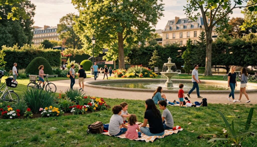 A vibrant family park in Paris, showcasing lush greenery and diverse plant life. In the foreground, a small group of families enjoys a picnic on a checkered blanket, with children playing nearby. The middle ground features a charming ornamental pond surrounded by walking paths, bicycles parked nearby, and people leisurely strolling with casual smiles. Towering trees provide dappled sunlight filtering through leaves, creating a warm, inviting atmosphere. The background captures iconic Parisian architecture softly blending with the park, lending a sense of place. The scene is bathed in golden hour lighting, enhancing the textures of the grass and flowers. The overall mood is joyful and serene, inviting families to explore and connect with nature. Shot in highly detailed 8k resolution for a captivating visual experience.