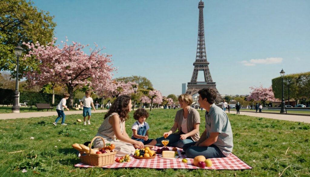 A vibrant family picnic scene in Paris, showcasing a lush green park with a checkered picnic blanket spread out, filled with delicious foods like baguettes, fruits, and cheese. In the foreground, a happy family of four, dressed in modest casual clothing, is enjoying their time together, with children playing nearby. In the middle, a picturesque view of iconic Parisian landmarks, such as the Eiffel Tower and blooming cherry blossom trees, adds depth to the setting. The background features a clear blue sky, complemented by soft, cinematic lighting that enhances the cheerful atmosphere. Shot with a wide-angle lens to capture the expansiveness of the park, the image is highly detailed and rendered in stunning 8k resolution, evoking a sense of joy and togetherness. A vibrant family picnic scene in Paris, showcasing a lush green park with a checkered picnic blanket spread out, filled with delicious foods like baguettes, fruits, and cheese. In the foreground, a happy family of four, dressed in modest casual clothing, is enjoying their time together, with children playing nearby. In the middle, a picturesque view of iconic Parisian landmarks, such as the Eiffel Tower and blooming cherry blossom trees, adds depth to the setting. The background features a clear blue sky, complemented by soft, cinematic lighting that enhances the cheerful atmosphere. Shot with a wide-angle lens to capture the expansiveness of the park, the image is highly detailed and rendered in stunning 8k resolution, evoking a sense of joy and togetherness.