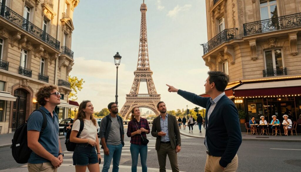 A vibrant guided tour scene in Paris, focusing on a diverse group of tourists engaged with a knowledgeable local guide. In the foreground, the guide, dressed in professional casual attire, animatedly points out an intricate historical detail on a nearby building. The middle ground captures iconic Parisian landmarks like the Eiffel Tower and the Louvre, bathed in warm, golden afternoon sunlight. In the background, bustling streets filled with charming cafés and street artists enhance the lively atmosphere. The composition is shot with a wide-angle lens to capture the depth of the city, with cinematic lighting that highlights the textures of the architecture. The overall mood is inviting and adventurous, embodying the essence of unique local experiences in Paris, showcased with highly detailed textures in 8k resolution.