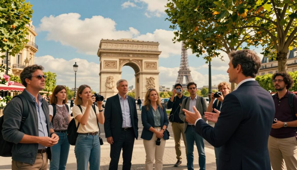 A vibrant guided tour scene set in the heart of Paris, showcasing a diverse group of tourists in professional business attire and modest casual clothing, gathered around a knowledgeable tour guide. In the foreground, the guide animatedly shares insights about a historical landmark, while the tourists, engaged and curious, snap photos with their cameras and smartphones. The middle ground features iconic Parisian architecture, such as the Eiffel Tower, framed by lush green trees and blooming flowers, adding color and life to the setting. In the background, soft clouds drift across a clear blue sky, illuminated by warm, cinematic lighting. Capture the scene in stunning 8k resolution, highlighting rich textures and details that evoke a sense of adventure and cultural immersion.