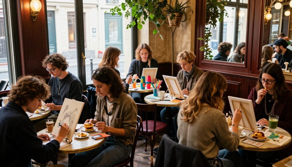 A vibrant indoor Parisian café scene where diverse locals and tourists engage in creative workshops and interactive cultural activities. In the foreground, a small group of people, dressed in casual yet stylish clothing, are painting on canvases while others are enjoying pastries and coffee at their tables. The middle ground features an artist demonstrating traditional French crafts, surrounded by colorful art supplies. In the background, large windows flood the space with soft, warm light, highlighting the charming vintage décor and greenery, creating an inviting atmosphere. The image captures the essence of community, creativity, and cultural exchange, with a focus on rich textures and vivid details in an 8k resolution, showcasing cinematic lighting for an engaging and lively feel. A vibrant indoor Parisian café scene where diverse locals and tourists engage in creative workshops and interactive cultural activities. In the foreground, a small group of people, dressed in casual yet stylish clothing, are painting on canvases while others are enjoying pastries and coffee at their tables. The middle ground features an artist demonstrating traditional French crafts, surrounded by colorful art supplies. In the background, large windows flood the space with soft, warm light, highlighting the charming vintage décor and greenery, creating an inviting atmosphere. The image captures the essence of community, creativity, and cultural exchange, with a focus on rich textures and vivid details in an 8k resolution, showcasing cinematic lighting for an engaging and lively feel.