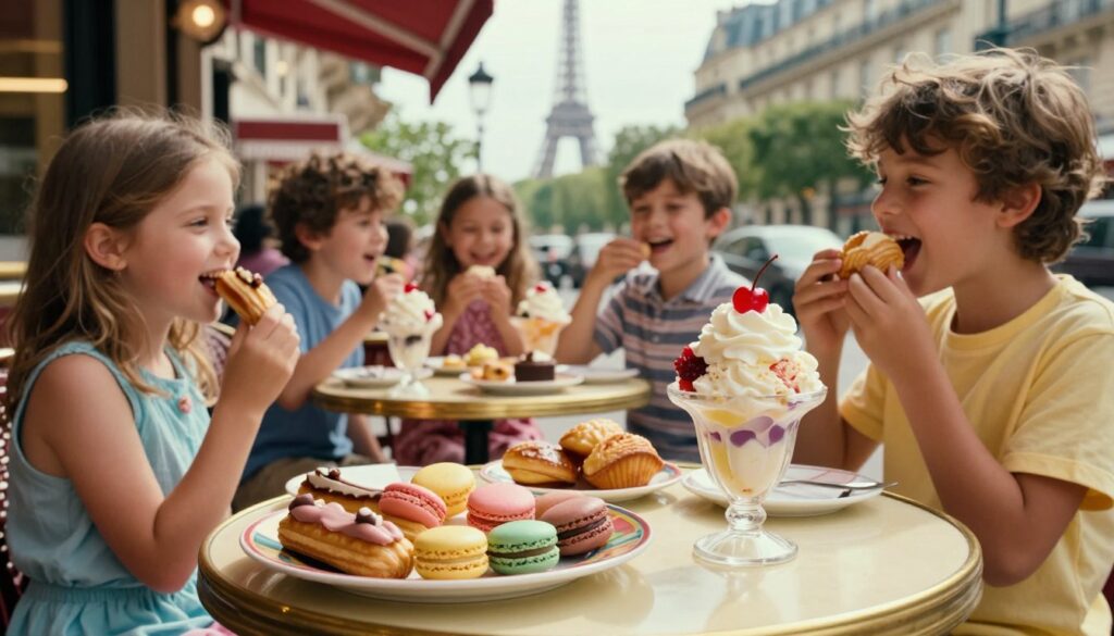 A vibrant outdoor Parisian café scene featuring a small table adorned with delightful French treats perfect for kids. In the foreground, a colorful plate filled with miniature éclairs, macarons in various pastel colors, and freshly baked madeleines. A bright, ice cream sundae topped with whipped cream and a cherry also sits on the table. In the middle ground, there are children laughing and enjoying their treats, dressed in cheerful, modest summer attire. Soft, warm cinematic lighting enhances the inviting atmosphere, with blurred outlines of iconic Parisian buildings in the background, such as the Eiffel Tower peeking through the trees. The scene captures a joyful, family-friendly dining experience, rich in detail and color, presented in stunning 8k resolution.