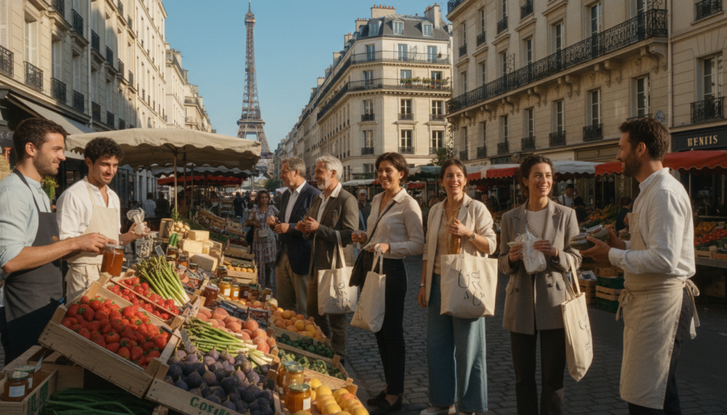 A vibrant outdoor market scene in Paris, bustling with activity. In the foreground, colorful stalls are filled with fresh fruits, vegetables, and artisanal goods, attended by vendors in modest casual clothing. The middle ground features a diverse crowd of elegant shoppers carrying tote bags, engaged in lively conversations. Historic Parisian architecture lines the street, showcasing ornate balconies and intricate facades, with clear skies above. The background reveals the silhouette of the iconic Eiffel Tower peeking through the buildings. The lighting is warm and inviting, with soft shadows creating depth, captured in a cinematic style. The image is rich in highly detailed textures, emphasizing the charm of shopping and market sights in Paris, rendered in 8k resolution. A vibrant outdoor market scene in Paris, bustling with activity. In the foreground, colorful stalls are filled with fresh fruits, vegetables, and artisanal goods, attended by vendors in modest casual clothing. The middle ground features a diverse crowd of elegant shoppers carrying tote bags, engaged in lively conversations. Historic Parisian architecture lines the street, showcasing ornate balconies and intricate facades, with clear skies above. The background reveals the silhouette of the iconic Eiffel Tower peeking through the buildings. The lighting is warm and inviting, with soft shadows creating depth, captured in a cinematic style. The image is rich in highly detailed textures, emphasizing the charm of shopping and market sights in Paris, rendered in 8k resolution.