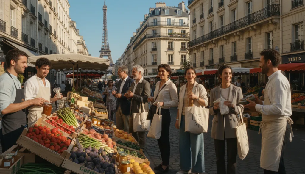 Une scène de marché parisienne animée et vibrante. Au premier plan, des étals colorés regorgent de fruits et légumes frais, ainsi que de produits artisanaux. Les vendeurs, vêtus de tenues décontractées, proposent un large choix. Au second plan, une foule élégante et variée de clients, sacs à main à la main, converse avec animation. L'architecture parisienne historique borde la rue, dévoilant balcons ornés et façades travaillées, sous un ciel dégagé. À l'arrière-plan, la silhouette emblématique de la Tour Eiffel se dessine entre les immeubles. La lumière, chaude et accueillante, et les ombres douces qui créent de la profondeur, confèrent à l'image une dimension cinématographique. Riche en textures détaillées, l'image, rendue en résolution 8K, souligne le charme du shopping et de l'animation des marchés parisiens. Une scène de marché parisienne animée et vibrante. Au premier plan, des étals colorés regorgent de fruits et légumes frais, ainsi que de produits artisanaux. Les vendeurs, vêtus de tenues décontractées, proposent un large choix. Au second plan, une foule élégante et variée de clients, sacs à main à la main, converse avec animation. L'architecture parisienne historique borde la rue, dévoilant balcons ornés et façades travaillées, sous un ciel dégagé. À l'arrière-plan, la silhouette emblématique de la Tour Eiffel se dessine entre les immeubles. La lumière, chaude et accueillante, et les ombres douces qui créent de la profondeur, confèrent à l'image une dimension cinématographique. Riche en textures détaillées, l'image, rendue en résolution 8K, souligne le charme du shopping et de l'animation des marchés parisiens.