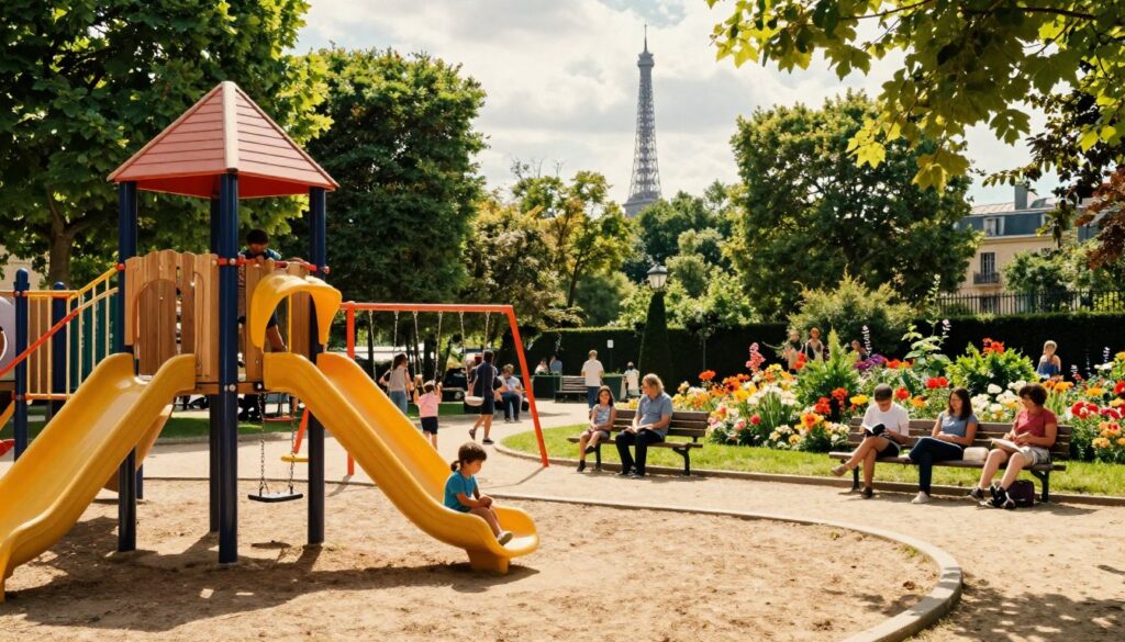 A vibrant outdoor playground in Paris, bustling with families enjoying the sunny day. In the foreground, colorful play structures made from wood and metal invite children to climb and explore. Brightly colored swings and slides are filled with joyful kids, while parents relax on nearby benches, some reading or chatting. In the middle ground, lush greenery and trees provide shade, with flowerbeds bursting with colorful blooms adding to the cheerful atmosphere. In the background, the iconic silhouette of the Eiffel Tower can be seen peeking through the trees, enhancing the Parisian charm. The scene is bathed in warm, cinematic lighting that captures the joy and energy of a perfect day outdoors, shot in 8k resolution for stunning detail. A vibrant outdoor playground in Paris, bustling with families enjoying the sunny day. In the foreground, colorful play structures made from wood and metal invite children to climb and explore. Brightly colored swings and slides are filled with joyful kids, while parents relax on nearby benches, some reading or chatting. In the middle ground, lush greenery and trees provide shade, with flowerbeds bursting with colorful blooms adding to the cheerful atmosphere. In the background, the iconic silhouette of the Eiffel Tower can be seen peeking through the trees, enhancing the Parisian charm. The scene is bathed in warm, cinematic lighting that captures the joy and energy of a perfect day outdoors, shot in 8k resolution for stunning detail.