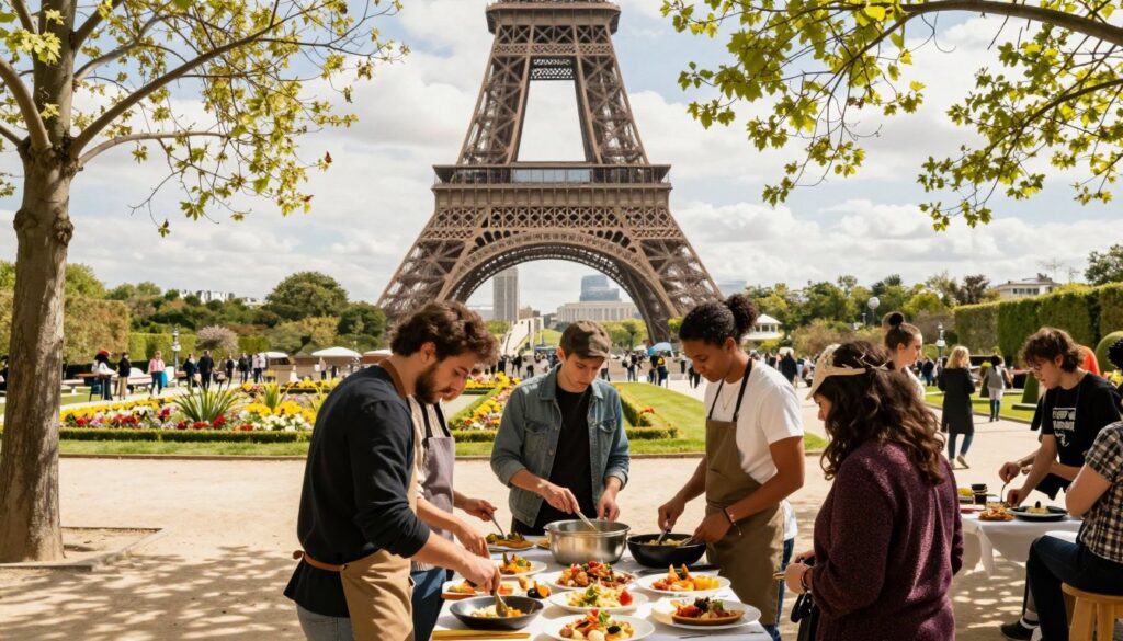 A vibrant outdoor setting in Paris, showcasing a lively cultural adventure scene. In the foreground, a group of diverse individuals in stylish, casual clothing engage in a cooking class, expertly preparing traditional French dishes. The middle ground features a picturesque backdrop of the iconic Eiffel Tower framed by blooming spring trees, with locals and tourists enjoying the sunny day. In the background, charming Versailles-style gardens add depth, their manicured hedges and colorful flower beds teeming with butterflies. Bright, cinematic lighting bathes the scene in warmth, while the soft focus has an 8k resolution texture that captures every detail. The atmosphere is joyful and inviting, emphasizing the sense of exploration and cultural richness. A vibrant outdoor setting in Paris, showcasing a lively cultural adventure scene. In the foreground, a group of diverse individuals in stylish, casual clothing engage in a cooking class, expertly preparing traditional French dishes. The middle ground features a picturesque backdrop of the iconic Eiffel Tower framed by blooming spring trees, with locals and tourists enjoying the sunny day. In the background, charming Versailles-style gardens add depth, their manicured hedges and colorful flower beds teeming with butterflies. Bright, cinematic lighting bathes the scene in warmth, while the soft focus has an 8k resolution texture that captures every detail. The atmosphere is joyful and inviting, emphasizing the sense of exploration and cultural richness.