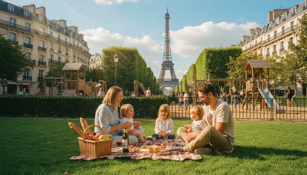 Une scène de parc parisienne pleine de vie, où règne une ambiance familiale joyeuse et conviviale. Au premier plan, une famille de quatre personnes, vêtue simplement, pique-nique sur l'herbe verte et luxuriante, entourée d'une couverture colorée et d'un panier garni de délicieuses victuailles. Au second plan, des enfants jouent sur une aire de jeux, avec en arrière-plan le charme de l'architecture parisienne, et notamment un aperçu de la Tour Eiffel qui se devine entre les arbres. Le ciel d'un bleu éclatant, parsemé de nuages blancs duveteux, contribue à l'atmosphère joyeuse. La lumière dorée du soleil filtre à travers le feuillage, créant une ambiance chaleureuse et accueillante. La composition, à l'allure d'une photographie brute, bénéficie d'un éclairage cinématographique, de textures très détaillées et d'une résolution 8K, mettant en valeur le caractère joyeux et attachant de ces scènes parisiennes idéales pour les familles. Une scène de parc parisienne pleine de vie, où règne une ambiance familiale joyeuse et conviviale. Au premier plan, une famille de quatre personnes, vêtue simplement, pique-nique sur l'herbe verte et luxuriante, entourée d'une couverture colorée et d'un panier garni de délicieuses victuailles. Au second plan, des enfants jouent sur une aire de jeux, avec en arrière-plan le charme de l'architecture parisienne, et notamment un aperçu de la Tour Eiffel qui se devine entre les arbres. Le ciel d'un bleu éclatant, parsemé de nuages blancs duveteux, contribue à l'atmosphère joyeuse. La lumière dorée du soleil filtre à travers le feuillage, créant une ambiance chaleureuse et accueillante. La composition, à l'allure d'une photographie brute, bénéficie d'un éclairage cinématographique, de textures très détaillées et d'une résolution 8K, mettant en valeur le caractère joyeux et attachant de ces scènes parisiennes idéales pour les familles.