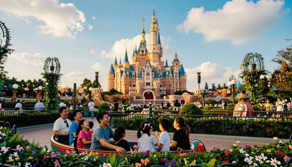 A vibrant scene capturing Disneyland Paris and Parc Astérix, showcasing iconic attractions in a harmonious blend. In the foreground, families joyfully explore rides with children laughing, dressed in casual attire. The middle layer features the magical castle of Disneyland Paris, glimmering under warm, golden cinematic lighting, alongside the whimsical structures of Parc Astérix. Lush greenery and colorful flowers frame the pathways, creating a lively atmosphere. In the background, the sky is a bright blue, dotted with playful clouds. The image is captured with a wide-angle lens for an expansive view, highlighting the detailed textures of the parks. This enchanting setting conveys a sense of wonder and adventure, perfect for families seeking unforgettable experiences. Shot in 8k resolution for clarity and vividness.