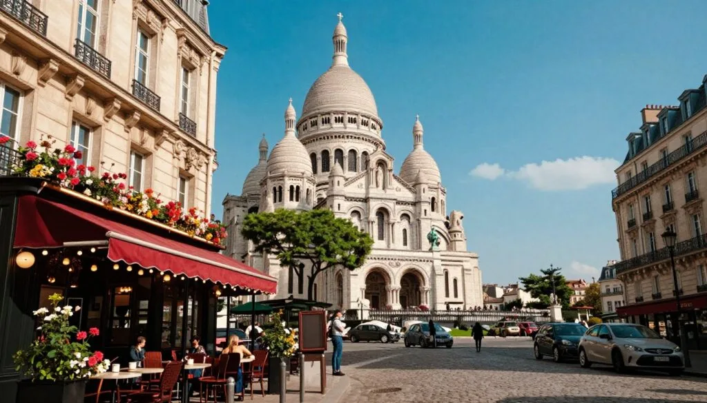 Una escena vibrante que captura los icónicos lugares de rodaje de Emily en París, con las encantadoras calles de Montmartre en primer plano, adornadas con florecientes cafés parisinos y senderos adoquinados. En segundo plano, la impresionante Basílica del Sagrado Corazón se alza majestuosa contra un cielo azul claro, con sus intrincados detalles arquitectónicos resaltados por una suave iluminación cinematográfica. El fondo revela el clásico horizonte parisino, con elegantes edificios haussmannianos que bordean las calles, mostrando el encanto de la ciudad. El ambiente es animado y elegante, encarnando el romántico encanto parisino. La imagen debe presentarse en alta resolución 8k, mostrando texturas muy detalladas, con una paleta de colores ligeramente cálida para realzar la atmósfera acogedora. La escena debe estar desprovista de sujetos humanos, asegurando el enfoque en los impresionantes lugares.