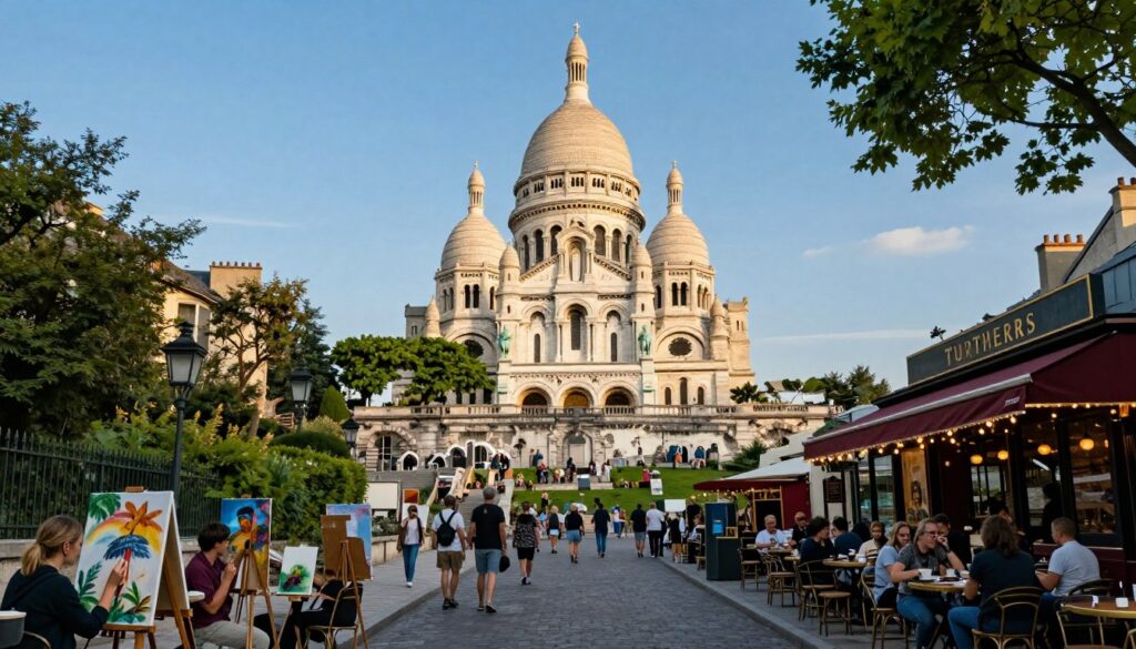 A vibrant scene capturing the essence of Montmartre, showcasing the iconic Sacré-Cœur Basilica perched atop a hill, bathed in soft golden sunlight during a late afternoon. In the foreground, charming bohemian streets lined with artists painting on easels, clustered cafés with patrons enjoying their coffee, and lush green trees framing the pathways. The middle ground features the Basilica's white domes and intricate architectural details, harmoniously blending with the atmospheric ambiance. In the background, the Parisian skyline stretches out with rooftops and distant landmarks under a clear blue sky. The image exudes a lively, artistic vibe, inviting viewers to explore the romantic character of this historic district. Captured with a 35mm fast prime lens, the composition emphasizes texture and depth, creating a hyperrealistic portrayal infused with an engaging urban chaos.