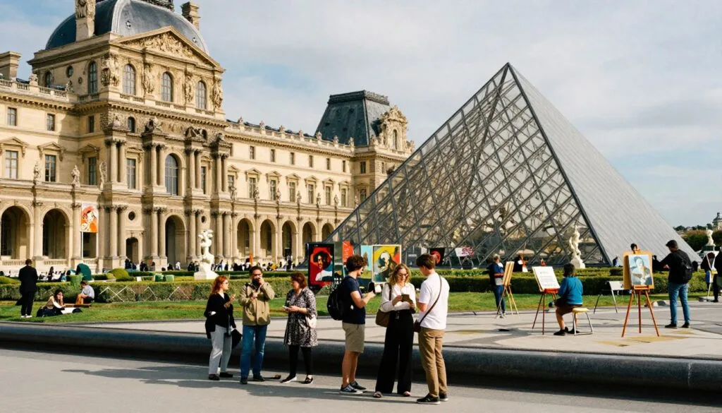 Una escena vibrante que captura la esencia del arte y la cultura parisinos, con el exterior del Museo del Louvre y su icónica pirámide de cristal brillando bajo el sol de la tarde. En primer plano, un pequeño grupo de visitantes, vestidos con ropa informal, elegante y discreta, admira las obras de arte y entablan animadas conversaciones. En el plano medio, grandes pancartas exhiben obras de arte famosas mientras artistas pintan en caballetes, aportando creatividad a la atmósfera. Al fondo, se encuentra el tranquilo Jardín de las Tullerías, con su cuidada vegetación y esculturas. La imagen debe estar bañada por una iluminación suave y cinematográfica que resalte las texturas de la arquitectura del museo y los ricos colores del jardín, evocando una atmósfera vibrante y sofisticada. Grabada en resolución 8k para un detalle exquisito.