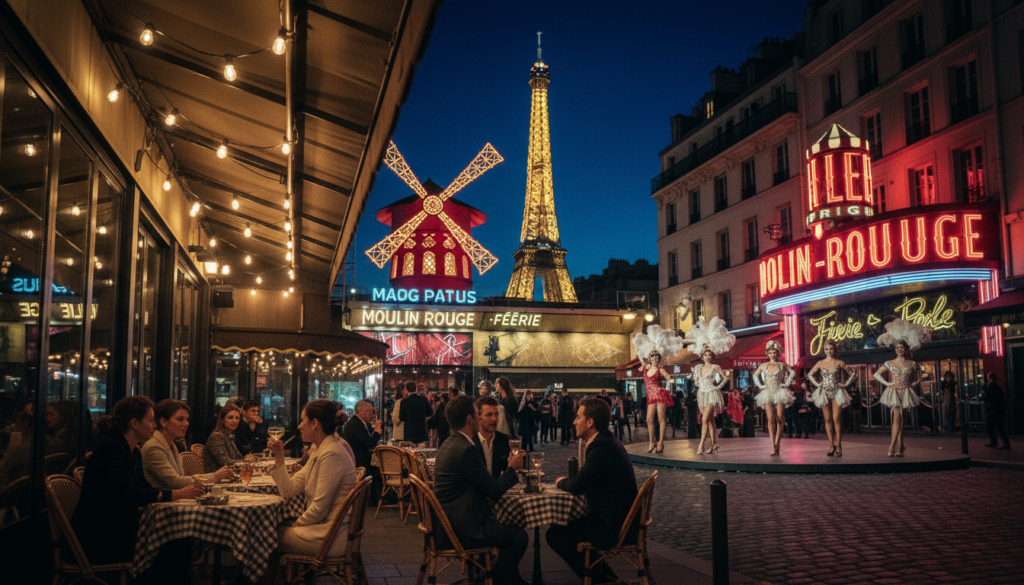 A vibrant scene capturing the essence of entertainment and cabaret venues in Paris at night. In the foreground, a lively outdoor café with patrons enjoying drinks, dressed in fashionable, modest evening wear, illuminated by warm, golden lights. The middle ground features an iconic Parisian cabaret, showcasing its colorful marquee and elegantly dressed performers in professional attire posing gracefully. In the background, the Eiffel Tower sparkles against the night sky, surrounded by softly glowing street lamps and trees. The image should evoke a sense of excitement and glamour, while showcasing the rich cultural atmosphere of Parisian nightlife. Utilize cinematic lighting to enhance textures, with a focus on high detail, in stunning 8k resolution. A vibrant scene capturing the essence of entertainment and cabaret venues in Paris at night. In the foreground, a lively outdoor café with patrons enjoying drinks, dressed in fashionable, modest evening wear, illuminated by warm, golden lights. The middle ground features an iconic Parisian cabaret, showcasing its colorful marquee and elegantly dressed performers in professional attire posing gracefully. In the background, the Eiffel Tower sparkles against the night sky, surrounded by softly glowing street lamps and trees. The image should evoke a sense of excitement and glamour, while showcasing the rich cultural atmosphere of Parisian nightlife. Utilize cinematic lighting to enhance textures, with a focus on high detail, in stunning 8k resolution.