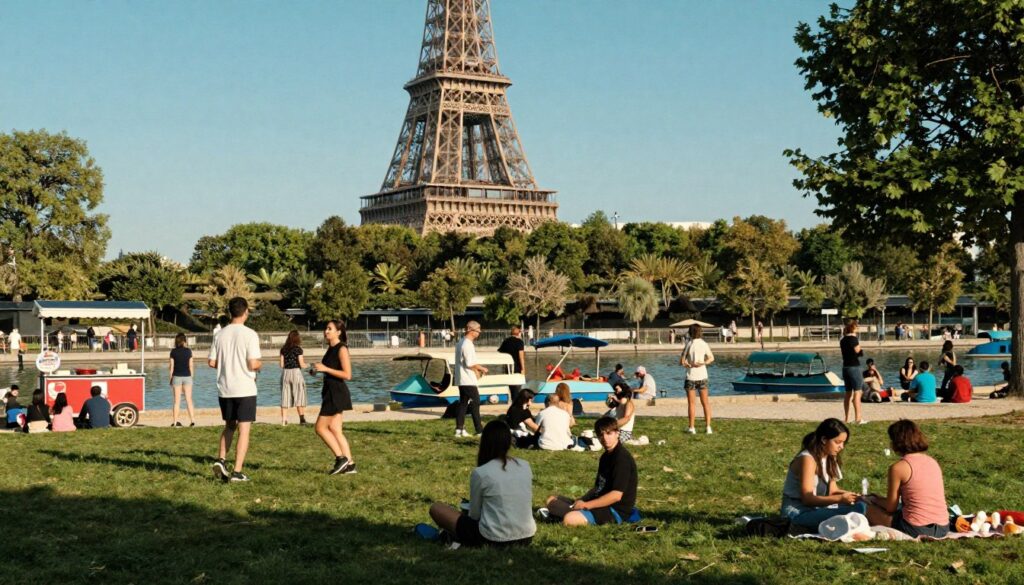 A vibrant scene capturing the essence of outdoor activities in Paris. In the foreground, a diverse group of people, dressed in casual yet stylish attire, enjoy a sunny afternoon in a lush park, engaging in activities like jogging, picnicking, and playing frisbee. The middle ground features iconic Parisian elements, such as a picturesque pond with paddle boats and families enjoying ice cream from nearby vendors. In the background, the Eiffel Tower rises majestically against a clear blue sky, surrounded by green trees and the bustling joy of fellow tourists and locals. The composition is illuminated with soft, cinematic lighting that enhances the warm and inviting atmosphere, showcasing highly detailed textures in 8k resolution, evoking a sense of tranquility and excitement. A vibrant scene capturing the essence of outdoor activities in Paris. In the foreground, a diverse group of people, dressed in casual yet stylish attire, enjoy a sunny afternoon in a lush park, engaging in activities like jogging, picnicking, and playing frisbee. The middle ground features iconic Parisian elements, such as a picturesque pond with paddle boats and families enjoying ice cream from nearby vendors. In the background, the Eiffel Tower rises majestically against a clear blue sky, surrounded by green trees and the bustling joy of fellow tourists and locals. The composition is illuminated with soft, cinematic lighting that enhances the warm and inviting atmosphere, showcasing highly detailed textures in 8k resolution, evoking a sense of tranquility and excitement.
