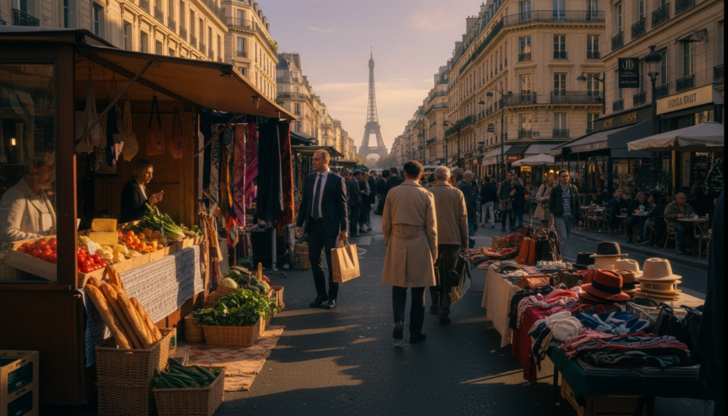 A vibrant scene capturing the essence of top shopping and market destinations in Paris, featuring a bustling street market in the foreground with colorful stalls filled with fresh produce, artisanal goods, and fashion items. The middle ground showcases a chic shopping avenue lined with elegant boutiques and cafes, with patrons strolling in professional business attire and modest casual clothing. The iconic Parisian architecture serves as a backdrop, with ornate buildings and the faint silhouette of the Eiffel Tower. The atmosphere is lively and inviting, illuminated by soft, warm cinematic lighting that enhances the textures of the market goods and the architectural details. The image should be composed in high resolution, showcasing intricate details, with a focus on the vibrant interplay of colors and the dynamic energy of the Parisian lifestyle. A vibrant scene capturing the essence of top shopping and market destinations in Paris, featuring a bustling street market in the foreground with colorful stalls filled with fresh produce, artisanal goods, and fashion items. The middle ground showcases a chic shopping avenue lined with elegant boutiques and cafes, with patrons strolling in professional business attire and modest casual clothing. The iconic Parisian architecture serves as a backdrop, with ornate buildings and the faint silhouette of the Eiffel Tower. The atmosphere is lively and inviting, illuminated by soft, warm cinematic lighting that enhances the textures of the market goods and the architectural details. The image should be composed in high resolution, showcasing intricate details, with a focus on the vibrant interplay of colors and the dynamic energy of the Parisian lifestyle.