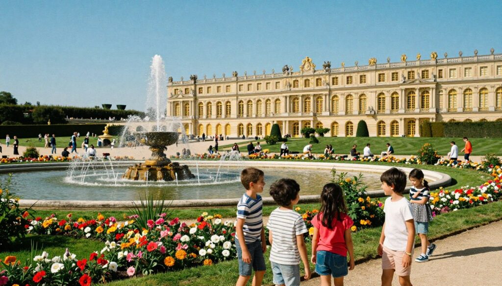 A vibrant scene depicting a joyful day trip to the Palace of Versailles with kids. In the foreground, a family of four, dressed in casual yet comfortable clothing, explores the lush gardens, filled with colorful flowers and intricate fountains. The middle ground showcases the magnificent Baroque architecture of the palace, with golden accents glistening under bright sunlight. In the background, the expansive green lawns stretch out beneath a clear blue sky, dotted with other families enjoying the day. The atmosphere is cheerful and lively, capturing the excitement of children's laughter against a backdrop of historical grandeur. Use soft, cinematic lighting to emphasize the textures of the stone and foliage, and aim for a natural perspective that draws the viewer into this enchanting experience. High-resolution, 8k detail for a stunning effect.