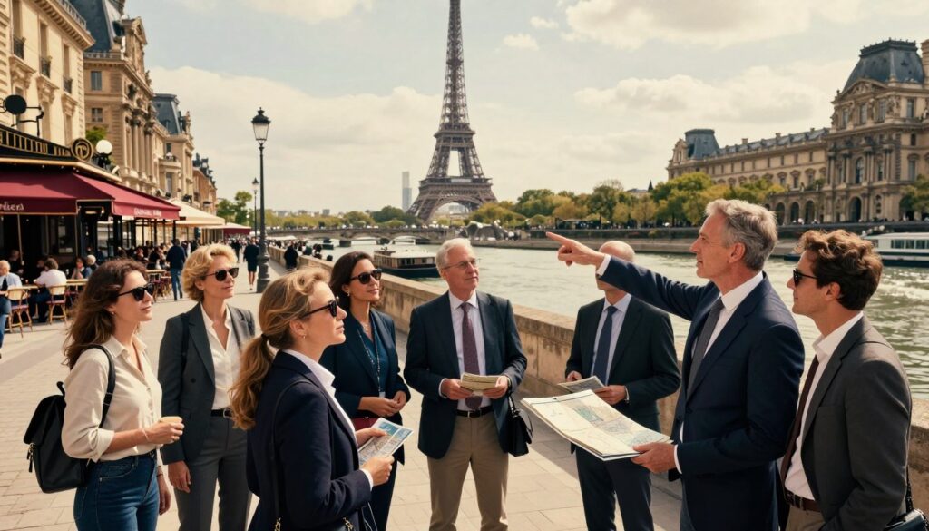A vibrant scene depicting a tailored private group tour in Paris. In the foreground, a diverse group of tourists in professional business attire is gathered around a knowledgeable guide, who is pointing towards iconic landmarks like the Eiffel Tower and the Louvre, showcasing maps and brochures. The middle ground highlights lively streets filled with Parisian cafés and artsy elements, blending seamlessly into the background with the soft silhouette of the Seine River and historical architecture. The lighting is warm and inviting, conveying a sense of adventure and discovery, with cinematic contrasts and highly detailed textures to enhance the richness of the scene. The image is captured in 8k resolution, focusing on the atmosphere of personalized exploration in this romantic city.
