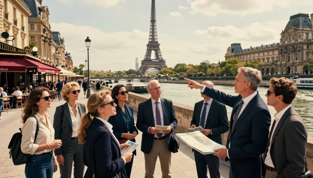 Une scène saisissante illustrant une visite privée et personnalisée de Paris. Au premier plan, un groupe de touristes aux profils variés, vêtus de tenues professionnelles, est réuni autour d'un guide expérimenté qui désigne des monuments emblématiques tels que la Tour Eiffel et le Louvre, tout en présentant cartes et brochures. Au second plan, des rues animées, bordées de cafés parisiens et d'œuvres d'art, se fondent harmonieusement dans le décor, où se dessinent la douce silhouette de la Seine et l'architecture historique. La lumière, chaleureuse et accueillante, invite à l'aventure et à la découverte, tandis que les contrastes cinématographiques et les textures très détaillées rehaussent la richesse de la scène. Capturée en résolution 8K, l'image met l'accent sur l'atmosphère d'une exploration personnalisée de cette ville romantique. Une scène saisissante illustrant une visite privée et personnalisée de Paris. Au premier plan, un groupe de touristes aux profils variés, vêtus de tenues professionnelles, est réuni autour d'un guide expérimenté qui désigne des monuments emblématiques tels que la Tour Eiffel et le Louvre, tout en présentant cartes et brochures. Au second plan, des rues animées, bordées de cafés parisiens et d'œuvres d'art, se fondent harmonieusement dans le décor, où se dessinent la douce silhouette de la Seine et l'architecture historique. La lumière, chaleureuse et accueillante, invite à l'aventure et à la découverte, tandis que les contrastes cinématographiques et les textures très détaillées rehaussent la richesse de la scène. Capturée en résolution 8K, l'image met l'accent sur l'atmosphère d'une exploration personnalisée de cette ville romantique.
