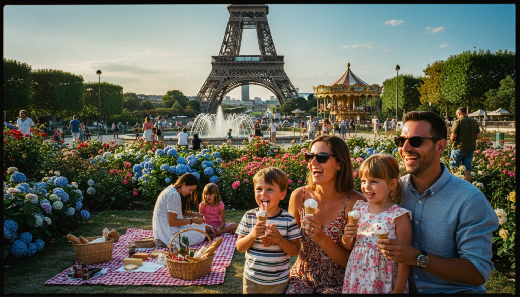 A vibrant scene depicting family-friendly attractions in Paris. In the foreground, a cheerful family of four, dressed in modest casual clothing, enjoying a sunny day. The parents are helping their children, a young boy and girl, with ice cream cones as they gaze up excitedly at the iconic Eiffel Tower. In the middle ground, lush green gardens filled with colorful flowers, playful picnicking families, and kids running through fountains create an inviting atmosphere. The background showcases the Eiffel Tower, slightly blurred to emphasize the family, but still detailed, with soft golden lighting of late afternoon casting a warm glow over the scene. The image should be rich in texture, captured in 8k resolution, evoking a sense of joy and togetherness. A vibrant scene depicting family-friendly attractions in Paris. In the foreground, a cheerful family of four, dressed in modest casual clothing, enjoying a sunny day. The parents are helping their children, a young boy and girl, with ice cream cones as they gaze up excitedly at the iconic Eiffel Tower. In the middle ground, lush green gardens filled with colorful flowers, playful picnicking families, and kids running through fountains create an inviting atmosphere. The background showcases the Eiffel Tower, slightly blurred to emphasize the family, but still detailed, with soft golden lighting of late afternoon casting a warm glow over the scene. The image should be rich in texture, captured in 8k resolution, evoking a sense of joy and togetherness.