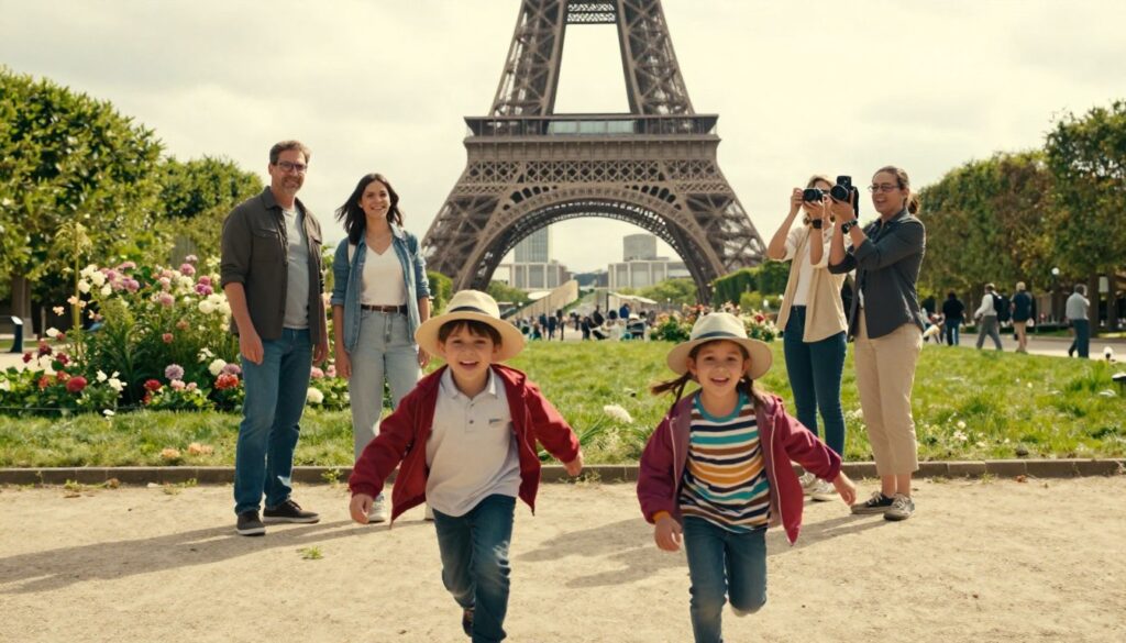 A vibrant scene in Paris featuring a group of excited children exploring iconic landmarks. In the foreground, two kids, a boy and a girl, are playfully running towards the camera, both wearing colorful jackets and wide-brimmed hats. In the middle ground, a trio of parents smiles while keeping a watchful eye, dressed in stylish yet casual attire, as they take pictures of the kids. The background showcases the Eiffel Tower surrounded by lush greenery and blooming flowers in a sunlit park setting, capturing the essence of a family-friendly adventure. The lighting is soft and inviting, with a golden hour glow illuminating the scene, creating a warm and joyful atmosphere. The image is captured in 8k resolution with cinematic lighting, emphasizing detailed textures of the park, clothing, and historical architecture.