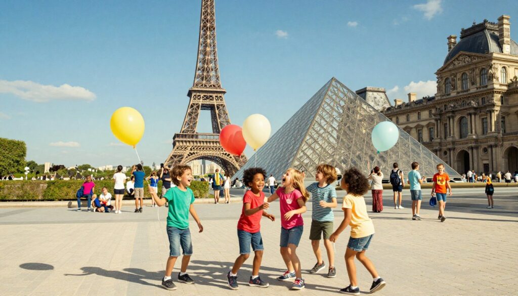 A vibrant scene in Paris featuring enthusiastic children of diverse backgrounds, joyfully exploring famous attractions like the Eiffel Tower and the Louvre Museum. In the foreground, a group of kids, wearing colorful casual clothing, is laughing and playing with balloons. The middle ground showcases the iconic Eiffel Tower, surrounded by families taking pictures, while the Louvre's glass pyramid looms majestically. The background includes lush greenery and beautiful Parisian architecture under a bright blue sky. The image captures warm, cinematic lighting that highlights the joyous atmosphere, presenting a sense of wonder and adventure. The composition is balanced with a slight angle that invites the viewer into this lively family experience, rendered in highly detailed textures with an 8k resolution for a rich, immersive feel.
