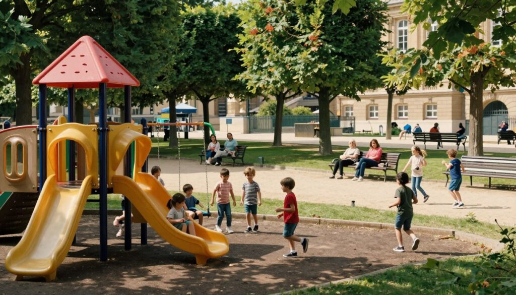 A vibrant scene in the Luxembourg Gardens showcasing a playground filled with children engaged in various playful activities. In the foreground, a colorful play structure with slides and climbing features, surrounded by laughing kids dressed in modest casual clothing. The middle ground features parents relaxing on benches, enjoying the greenery, while children swing on swings and chase each other across the soft grass. In the background, the iconic tree-lined pathways and classic Parisian architecture create a serene environment. Soft, diffused sunlight filters through the leaves, casting dappled shadows, evoking a warm and joyful atmosphere. Captured in 8k resolution for highly detailed textures, with a cinematic lighting effect emphasizing the lively colors of the playground.