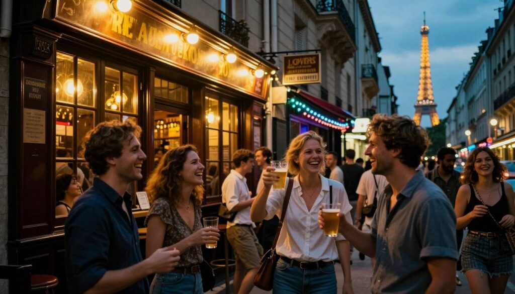 A vibrant scene of a Paris pub crawl in a lively neighborhood, featuring groups of friends laughing and socializing outside a charming, rustic pub with warm golden lights glowing from the windows. In the foreground, a couple cheers with drinks, clad in modest casual clothing, reflecting a sense of camaraderie. The middle ground showcases a bustling street with additional patrons enjoying the nightlife, adorned with colorful string lights and vintage signage. The background reveals iconic Parisian architecture, including a distant view of the Eiffel Tower, partially illuminated against the twilight sky. The atmosphere is joyful and energetic, captured in a raw photograph style with cinematic lighting and highly detailed textures, emphasizing the essence of a fun night out in Paris. 8k resolution.