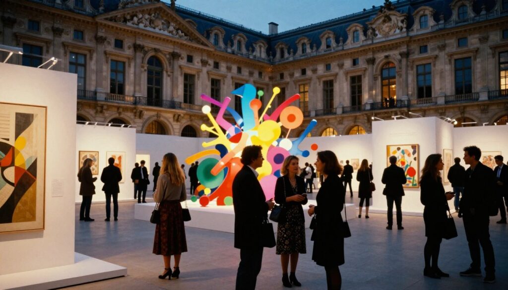 A vibrant scene of a cultural exhibition in Paris, showcasing diverse art installations and visitors engaging with the exhibits. In the foreground, a group of elegantly dressed individuals admire a contemporary art piece, capturing the essence of the event. The middle ground features a stunning installation made of colorful lights and dynamic shapes, drawing the eye. In the background, the iconic architecture of a Parisian gallery is visible, illuminated by warm, cinematic lighting. The atmosphere is lively, bustling with excitement and creativity, as attendees interact with artistic displays. The overall image has highly detailed textures, captured in 8k resolution to highlight the beauty and vibrancy of the cultural scene in Paris.