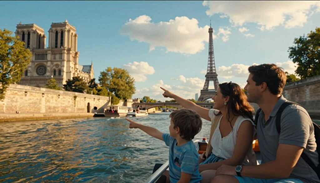 A vibrant scene of a family enjoying a scenic Seine River cruise in Paris. In the foreground, a happy family of four, dressed in casual summer clothing, with a child pointing at a passing landmark. The mother and father share smiles, embodying familial joy. The middle ground features the iconic Parisian architecture lining the river, with landmarks like Notre-Dame and the Eiffel Tower visible. Soft ripples on the water reflect the warm golden hues of the late afternoon sun, creating a romantic atmosphere. The background showcases a clear blue sky with fluffy white clouds, emphasizing a perfect day for exploration. The image should be captured with a shallow depth of field and rich colors, in 8k resolution, evoking a sense of adventure and togetherness.