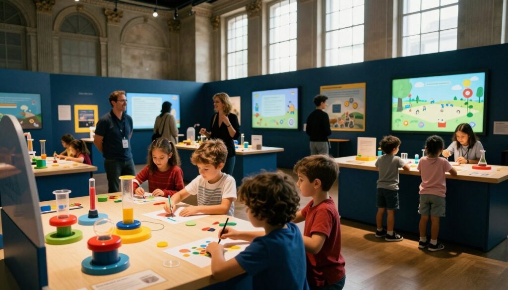 A vibrant scene of an interactive museum for kids in Paris, featuring enthusiastic children engaging with hands-on exhibits. In the foreground, diverse children in casual clothing enthusiastically experiment with colorful science displays and art stations. In the middle, parents observe, smiling and guiding their kids, with interactive digital screens showcasing educational games. The background reveals the iconic architecture of the museum, with large windows allowing natural light to flood the space. The atmosphere is energetic and joyful, enhancing the learning experience. The image is captured with cinematic lighting, highlighting the textures of the exhibits in 8k resolution, giving depth to the lively environment. The angle is slightly low, showcasing the kids at play while emphasizing the grandeur of the museum.