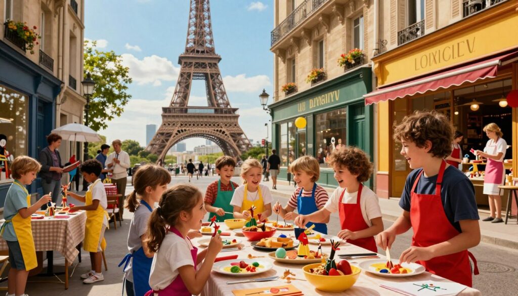 A vibrant scene of children engaged in unique cultural activities in Paris, set in the charming streets near the Eiffel Tower. In the foreground, a diverse group of kids, ages 6 to 12, are laughing and participating in a traditional French cooking class, wearing colorful aprons. In the middle ground, local artisans demonstrate crafts such as puppet making and painting, with playful storefronts adorned with bright colors. The background features iconic Parisian architecture under a clear blue sky, with soft, golden cinematic lighting illuminating the scene. The atmosphere is joyful and lively, capturing the essence of cultural adventure. The image should be highly detailed, with textures of food and craft materials, rendered in 8k resolution.