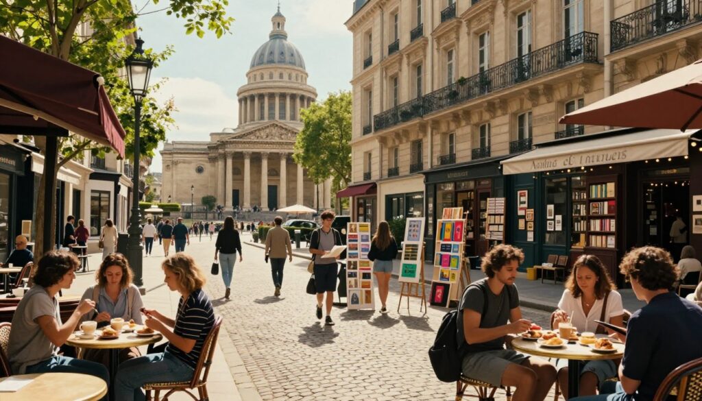A vibrant scene of the Latin Quarter in Paris during a sunny day, featuring charming cobblestone streets lined with historic buildings. In the foreground, a small café with outdoor seating where patrons enjoy coffee and pastries, dressed in stylish casual clothing. The middle ground showcases artists showcasing their work, alongside bookshops with colorful displays. The background features the iconic Panthéon, bathed in warm sunlight, casting long shadows. Lush greenery from nearby trees adds a pop of color, contrasting with the classic architecture. The atmosphere is lively yet relaxed, capturing the essence of a Parisian walking day. Utilize a hyperrealistic style with harsh analog chaos, shot with a 35mm fast prime lens, emphasizing intricate details and textures.