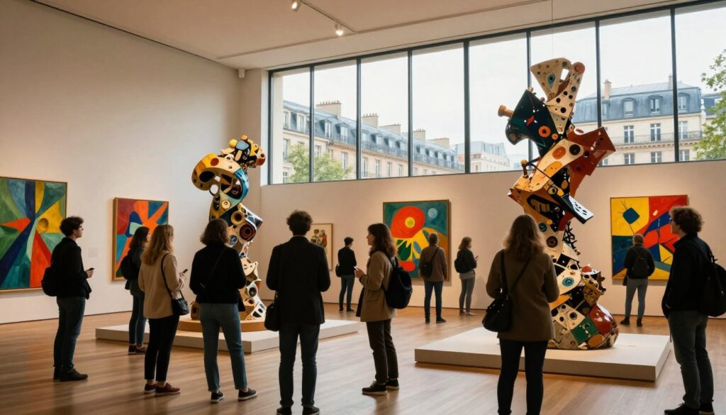 A vibrant scene showcasing a contemporary art museum in Paris, with visitors engaging in interactive art installations. In the foreground, a diverse group of individuals dressed in smart casual attire is observing a striking, large-scale abstract sculpture made from recycled materials. The middle layer features walls adorned with bold, colorful paintings, illuminated by soft, natural light streaming through floor-to-ceiling windows. In the background, a panoramic view of Parisian architecture can be seen, subtly blending the modern museum with vintage buildings. The atmosphere is inviting and inspiring, creating a sense of curiosity and exploration. Shot in 8K resolution with cinematic lighting, capturing highly detailed textures and a warm, welcoming mood. A vibrant scene showcasing a contemporary art museum in Paris, with visitors engaging in interactive art installations. In the foreground, a diverse group of individuals dressed in smart casual attire is observing a striking, large-scale abstract sculpture made from recycled materials. The middle layer features walls adorned with bold, colorful paintings, illuminated by soft, natural light streaming through floor-to-ceiling windows. In the background, a panoramic view of Parisian architecture can be seen, subtly blending the modern museum with vintage buildings. The atmosphere is inviting and inspiring, creating a sense of curiosity and exploration. Shot in 8K resolution with cinematic lighting, capturing highly detailed textures and a warm, welcoming mood.