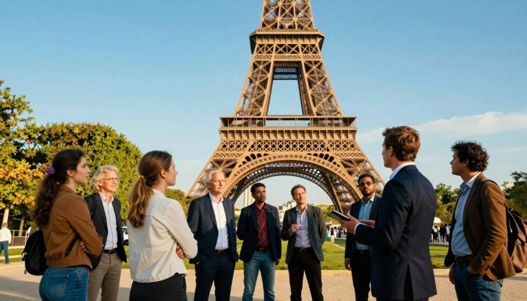 A vibrant scene showcasing a guided tour at the Eiffel Tower in Paris. In the foreground, a diverse group of tourists, dressed in professional business attire and modest casual clothing, attentively listen to a knowledgeable guide holding a tablet, gesturing towards the iconic structure. In the middle ground, the majestic Eiffel Tower rises against a clear blue sky, bathed in warm, golden light, creating a picturesque ambiance. The background features lush green trees of the Champ de Mars, adding depth and a sense of place. Captured with a cinematic lens at eye level, the image showcases highly detailed textures and vibrant colors, evoking a sense of adventure and excitement in exploring one of the world's most famous landmarks. The overall mood is inspiring and engaging, promoting the joy of discovering Paris with expert guidance.