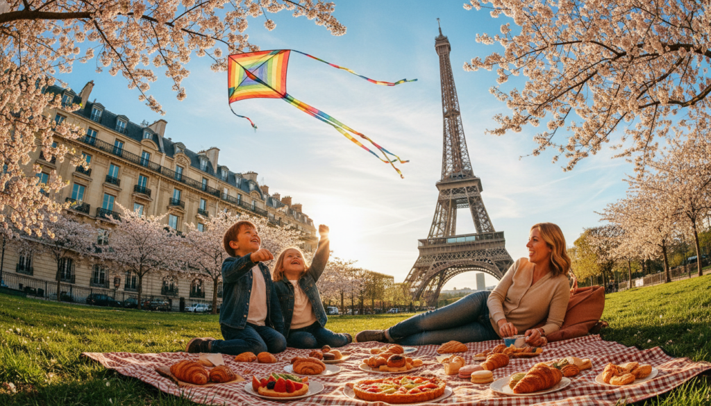 A vibrant scene showcasing family-friendly attractions in Paris, featuring children and parents joyfully exploring a lush park near the Eiffel Tower. In the foreground, kids play with a colorful kite, while a couple sits on a picnic blanket, surrounded by delicious French pastries. The middle ground highlights the iconic Eiffel Tower, partially obscured by blooming cherry blossom trees, creating a picturesque setting. In the background, the enchanting architecture of nearby historic buildings stands tall against a bright blue sky. The scene is bathed in warm, golden hour lighting, enhancing the cheerful atmosphere. Shot with a wide-angle lens to capture the grandeur of the surroundings, the image exudes a sense of happiness and adventure, perfect for families visiting Paris. Highly detailed textures and 8k resolution bring the scene to life.