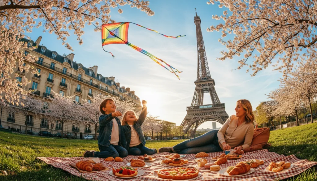 Une scène vibrante mettant en valeur les attractions familiales de Paris : enfants et parents explorent avec joie un parc luxuriant près de la Tour Eiffel. Au premier plan, des enfants jouent avec un cerf-volant coloré, tandis qu'un couple pique-nique, entouré de délicieuses pâtisseries françaises. Au second plan, la Tour Eiffel emblématique se détache, partiellement masquée par des cerisiers en fleurs, créant un cadre pittoresque. À l'arrière-plan, l'architecture enchanteresse des bâtiments historiques voisins se dresse fièrement sur un ciel d'un bleu éclatant. La scène est baignée par la douce lumière dorée du crépuscule, renforçant l'atmosphère joyeuse. Prise avec un objectif grand angle pour capturer la grandeur des lieux, l'image exhale un sentiment de bonheur et d'aventure, idéal pour les familles visitant Paris. Des textures très détaillées et une résolution 8K donnent vie à la scène. Une scène vibrante mettant en valeur les attractions familiales de Paris : enfants et parents explorent avec joie un parc luxuriant près de la Tour Eiffel. Au premier plan, des enfants jouent avec un cerf-volant coloré, tandis qu'un couple pique-nique, entouré de délicieuses pâtisseries françaises. Au second plan, la Tour Eiffel emblématique se détache, partiellement masquée par des cerisiers en fleurs, créant un cadre pittoresque. À l'arrière-plan, l'architecture enchanteresse des bâtiments historiques voisins se dresse fièrement sur un ciel d'un bleu éclatant. La scène est baignée par la douce lumière dorée du crépuscule, renforçant l'atmosphère joyeuse. Prise avec un objectif grand angle pour capturer la grandeur des lieux, l'image exhale un sentiment de bonheur et d'aventure, idéal pour les familles visitant Paris. Des textures très détaillées et une résolution 8K donnent vie à la scène.