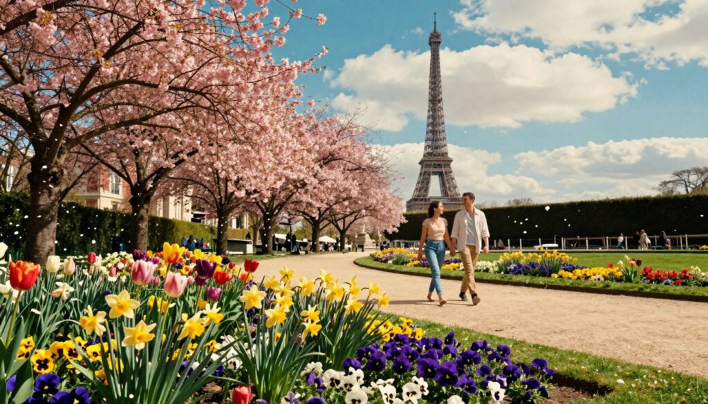 A vibrant spring day in Paris, showcasing the enchanting gardens in full bloom. In the foreground, an array of colorful flowers—tulips, daffodils, and pansies—interspersed with verdant green grass. In the middle, an elegant pathway lined with blossoming cherry trees, their petals gently falling like confetti. A couple in light summer clothing strolls hand in hand, enjoying the beauty of the season. In the background, the iconic Eiffel Tower is visible through the lush foliage, glimmering under warm sunlight. The sky is a brilliant blue with soft white clouds, creating a cheerful atmosphere. The scene is captured with a raw photographic quality, using cinematic lighting to highlight the textures and colors, ensuring an immersive 8k resolution experience. A vibrant spring day in Paris, showcasing the enchanting gardens in full bloom. In the foreground, an array of colorful flowers—tulips, daffodils, and pansies—interspersed with verdant green grass. In the middle, an elegant pathway lined with blossoming cherry trees, their petals gently falling like confetti. A couple in light summer clothing strolls hand in hand, enjoying the beauty of the season. In the background, the iconic Eiffel Tower is visible through the lush foliage, glimmering under warm sunlight. The sky is a brilliant blue with soft white clouds, creating a cheerful atmosphere. The scene is captured with a raw photographic quality, using cinematic lighting to highlight the textures and colors, ensuring an immersive 8k resolution experience.