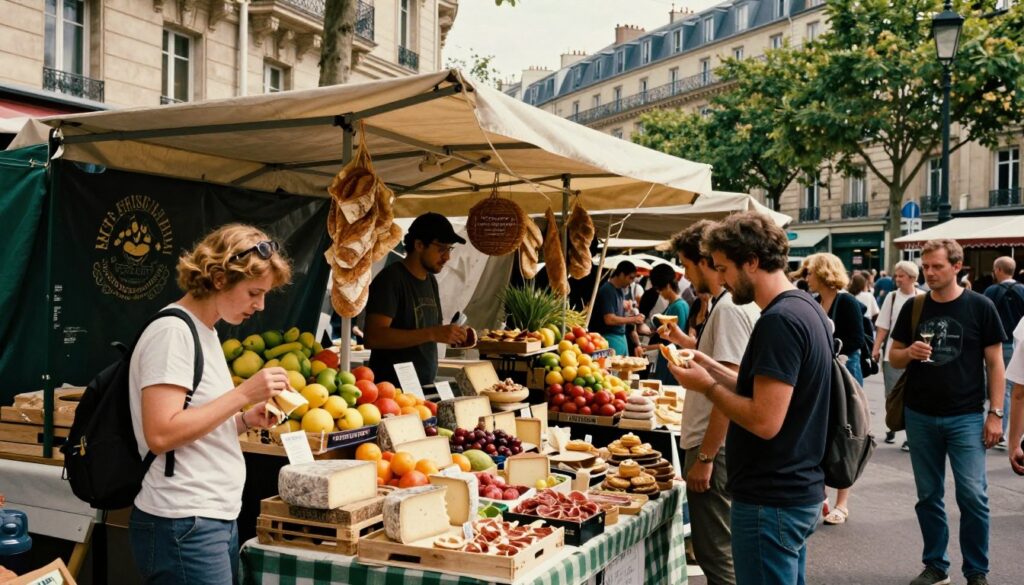 A vibrant street scene from a Marais food tour, showcasing a bustling open-air market. In the foreground, a diverse group of people in modest casual clothing, tasting gourmet cheeses and charcuterie from a charming vendor's stall. The middle features colorful displays of fresh fruits, artisan breads, and delicate pastries, with stalls adorned in traditional French decor. Lively interactions are captured with tourists marveling at local delicacies. In the background, iconic Parisian architecture and tree-lined streets create a warm ambiance. The lighting is soft and inviting, reminiscent of a sunny afternoon, with a cinematic quality that enhances the textures of the food and surroundings. Shot in 8k resolution for high detail, emphasizing the joy of culinary exploration in one of Paris's most beloved neighborhoods.