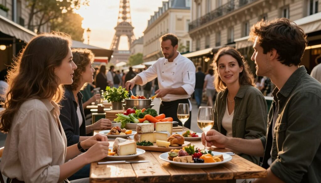 A vibrant street scene illustrating a Paris food tour with an array of gourmet dishes displayed on a rustic wooden table in the foreground. A couple of tourists, dressed in stylish but modest casual attire, are engaged in a lively conversation over a plate of artisanal cheeses and a glass of wine. In the middle ground, a local chef provides a cooking demonstration, showcasing colorful vegetables and fresh herbs, with a lively market atmosphere all around. The background features iconic Parisian architecture, such as the Eiffel Tower peeking through, under a warm, golden sunset that bathes the scene in inviting light. Captured with a shallow depth of field to emphasize the food with cinematic lighting, highly detailed textures in 8k resolution. The mood is cheerful and inviting, reflecting the joy of culinary exploration in Paris.