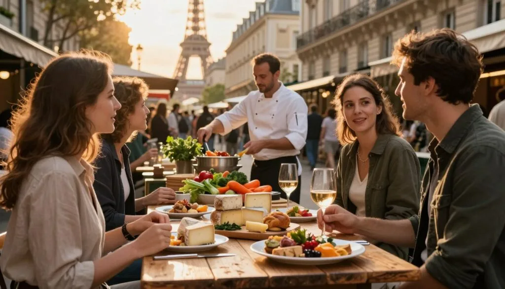 Živá pouličná scéna ilustrujúca parížsku gastronomickú prehliadku s radom gurmánskych jedál vystavených na rustikálnom drevenom stole v popredí. Dvojica turistov oblečených v štýlovom, ale decentnom ležérnom oblečení sa živo rozpráva pri tanieri remeselných syrov a pohári vína. V strede záberu miestny šéfkuchár predvádza varenie, pričom predstavuje farebnú zeleninu a čerstvé bylinky, zatiaľ čo všade okolo je živá trhová atmosféra. V pozadí je ikonická parížska architektúra, ako napríklad Eiffelova veža vykúkajúca spoza záberu pod teplým, zlatým západom slnka, ktorý zalieva scénu príjemným svetlom. Zachytené s malou hĺbkou ostrosti, ktorá zdôrazňuje jedlo, s filmovým osvetlením a vysoko detailnými textúrami v rozlíšení 8k. Nálada je veselá a prívetivá, odráža radosť z kulinárskeho objavovania Paríža.