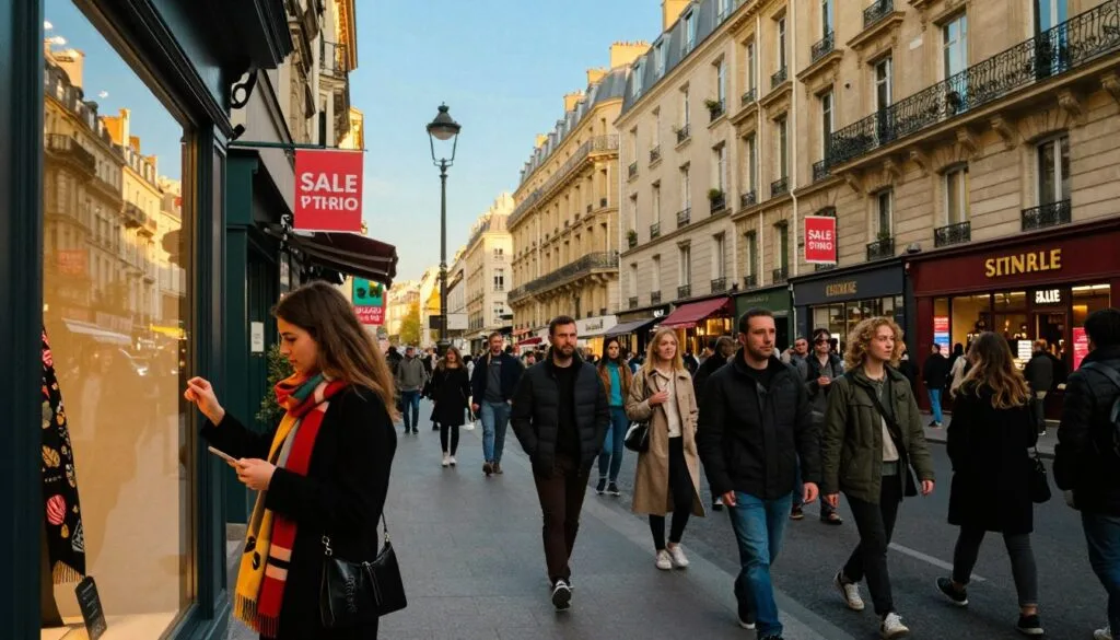 Seho arabe mavitrika ao Paris mandritra ny hetsika fivarotana ara-potoana, mampiseho ireo mpiantsena avy amin'ny fiaviana samihafa, manao akanjo maoderina sy tsotra. Eo aloha, vehivavy tanora lamaody iray mijery fehiloha lamaody eo amin'ny varavarankelin'ny fivarotana kely. Ny toerana afovoany dia ahitana vahoaka mitabataba mandehandeha eny amin'ny arabe mahafinaritra feno fivarotana mahafinaritra voaravaka famantarana fivarotana miloko marevaka. Ny ambadika dia maneho ny maritrano mahavariana an'ireo tranobe manan-tantara ao Paris eo ambanin'ny lanitra manga mazava, miaraka amin'ny jiro malefaka amin'ny ora volamena izay manome hazavana mafana manerana ny toerana. Velona sy mahafinaritra ny rivo-piainana, maneho ny fientanentanana amin'ny fivarotana ao afovoan'i Paris. Tokony ho amin'ny antsipiriany tsara ny sary miaraka amin'ny endrika hita maso, aseho amin'ny resolution 8k, manahaka ny fahatsapana sary manta miaraka amin'ny jiro sinema.