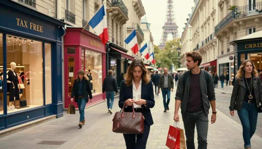 Sehatra arabe mavitrika ao Paris mampiseho distrika fivarotana kanto, miaraka amin'ireo mpiantsena lamaody mikaroka ireo boutique avo lenta sy fivarotana kanto. Eo aloha, vehivavy iray manao akanjo matihanina mijery kitapo lamaody, raha lehilahy iray manao akanjo tsotra kosa mitazona kitapo fivarotana misy soratra hoe "Tsy misy hetra." Ny eo afovoany dia ahitana fivarotana miloko marevaka voaravaka sainam-pirenena frantsay sy fampirantiana varavarankely kanto, mamorona rivo-piainana mahafinaritra. Ny ambadika dia mampiseho ny maritrano Parisiana malaza, miaraka amin'ny sombin'ny Tilikambon'i Eiffel misongadina etsy ambony. Alaivo sary an-tsaina ny votoatin'ny fivarotana tsy misy hetra miaraka amin'ny fifantohana amin'ny fientanentanana sy ny fahitana, amin'ny fampiasana jiro sinema mba hanatsarana ny endrika sy ny antsipirian'ny sehatra. Mikendry ny resolution 8k mba hanasongadinana ny fahavitrihana sy ny hatsaran'i Paris amin'ny maha-toerana fivarotana azy.