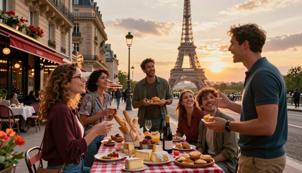A vibrant street scene in Paris showcasing a customizable food tour experience, featuring a cheerful tour guide in smart casual clothing explaining various delicacies to a small group of diverse food enthusiasts. In the foreground, a beautifully arranged picnic table is laden with an array of colorful French cheeses, baguettes, pastries, and local wines. The middle ground reveals iconic Parisian architecture, with charming cafes and flower-lined streets adding to the ambiance. In the background, the shimmering outline of the Eiffel Tower is visible against a sunset sky, casting warm, golden light across the scene. The image captures a joyful and adventurous mood, inviting viewers to explore the flavors of Paris. Shot in 8k resolution with cinematic lighting and highly detailed textures for an immersive experience.
