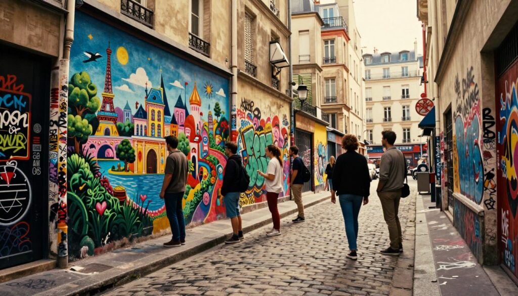 A vibrant street scene in Paris showcasing captivating street art, with colorful murals and graffiti lining the walls of an urban alley. In the foreground, a group of explorers wearing modest casual clothing studies the artwork, examining the intricate details of a large mural depicting a whimsical Parisian landscape. The middle ground features a worn cobblestone street illuminated by soft, golden cinematic lighting, enhancing the textures of the graffiti. In the background, iconic Parisian architecture, including vintage buildings and narrow balconies, adds depth to the scene. The overall mood is adventurous and intriguing, inviting viewers to uncover the hidden gems of urban exploration. The image should capture the essence of creativity and the spirit of discovery, presented in stunning 8k resolution with highly detailed textures.